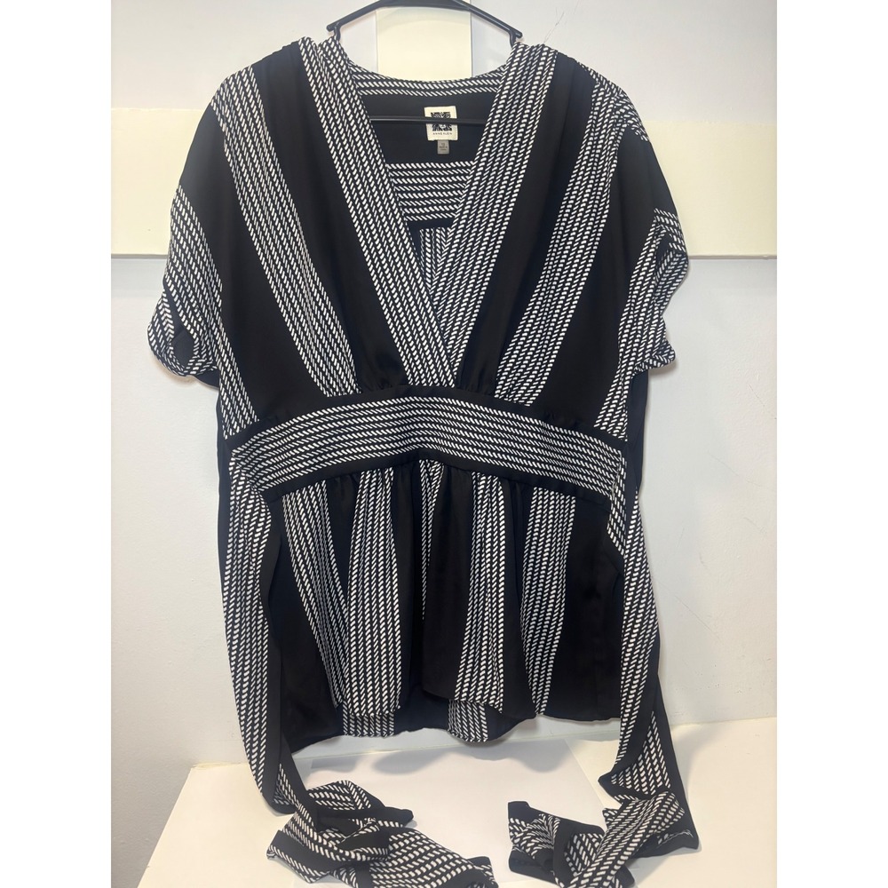 Anne Klein Women's Black White Geometric Stripe V-Neck Tie Waist Blouse Size 12